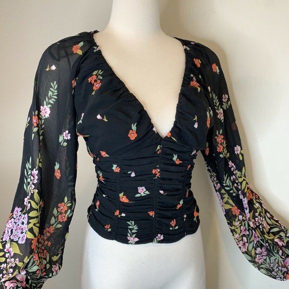 Free People Black Floral Blouse Smocked V Neck NWT - Picture 4 of 9